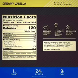 Optimum Nutrition Gold Standard 100% Casein Protein Powder - Creamy Vanilla 1.82kg (55 Servings)