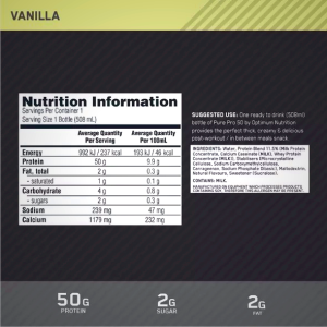 Optimum Nutrition Pure Pro 50 Vanilla Protein Shake - 12 Bottles (508ml Each)